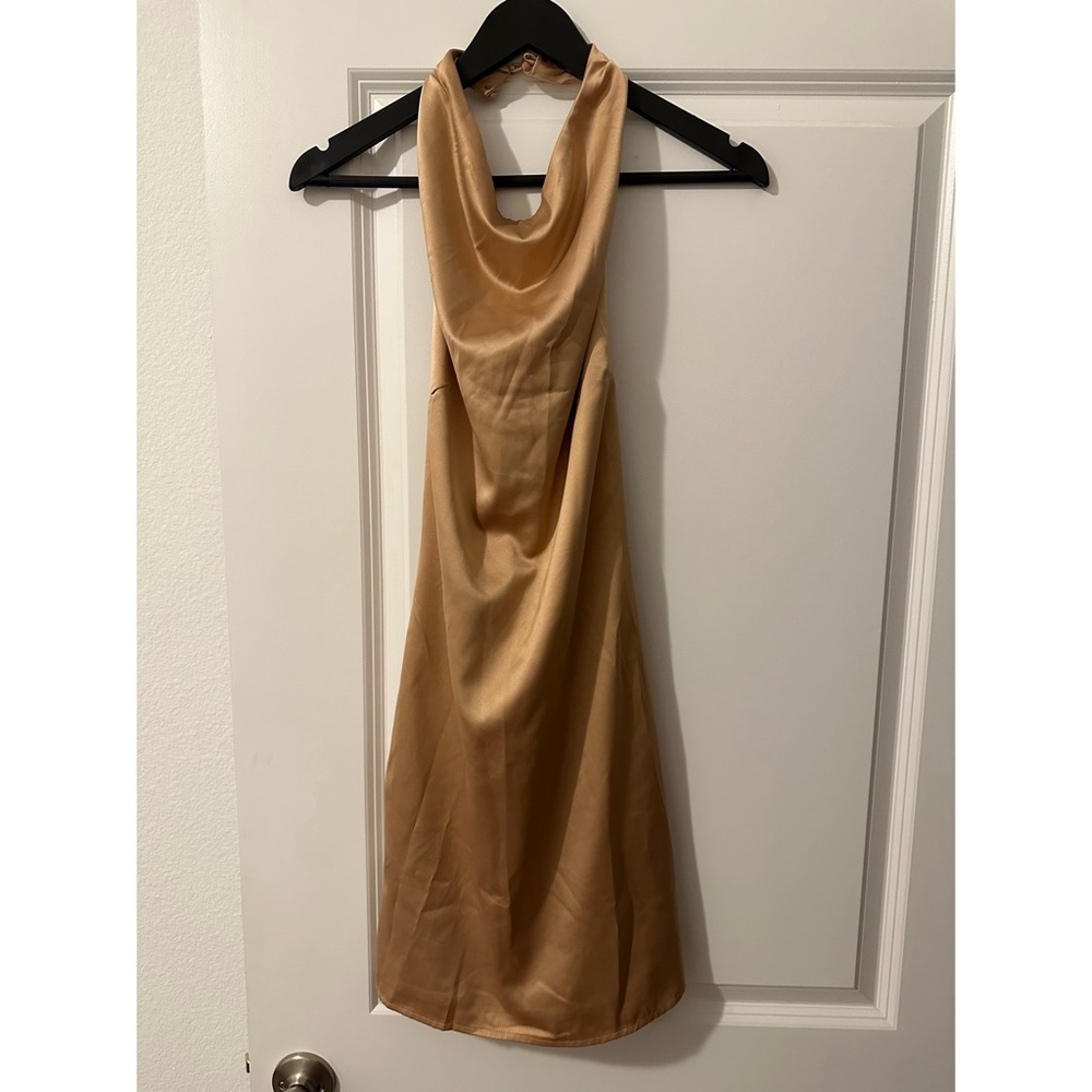 Gold halter neck mini dress